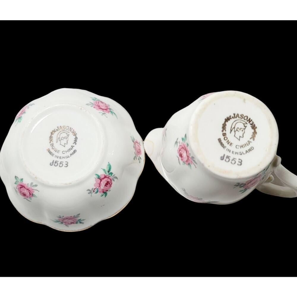 Vintage Jason Creamer and Open Sugar Bowl Pink Bud Roses Gold Trim England - Picture 6 of 8